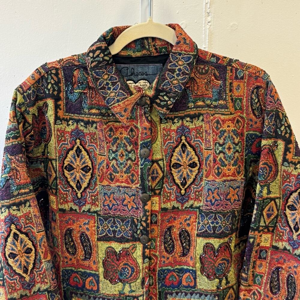 Chico’s Vintage Tapestry Sequin Patchwork Jacket Shaket Medium - Picture 3 of 13